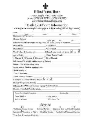 USA Hilliard funeral home death certificate template in PSD format