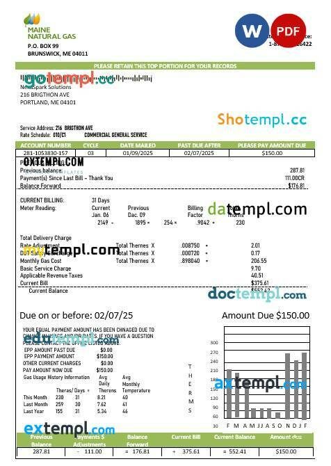 USA Maine Natural Gas Portland business utility bill template in Word and PDF formats
