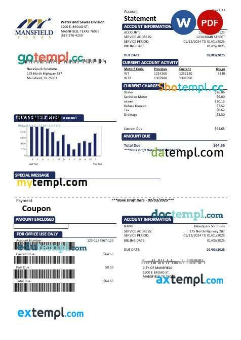 USA Mansfield Texas business utility bill template in Word and PDF formats