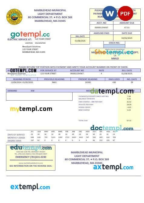 USA Marblehead Municipal Light Department business utility bill template in Word and PDF formats