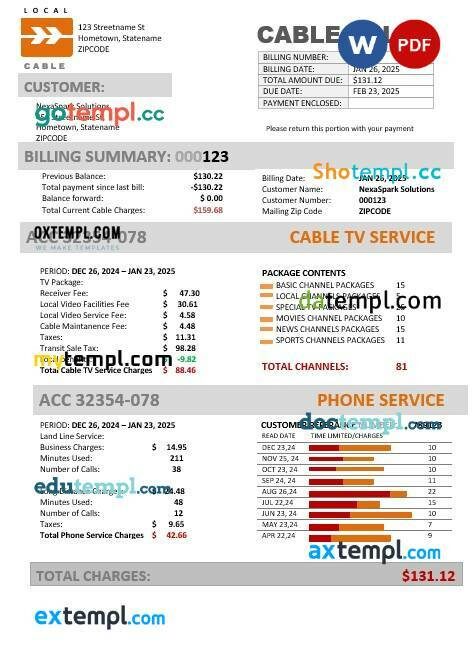 USA Marine Local Cable business utility bill template in Word and PDF formats