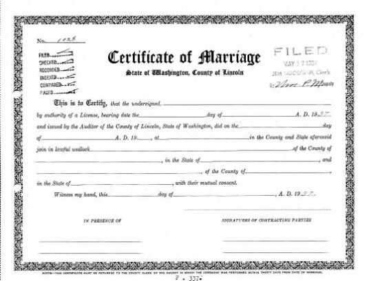 USA Marriage registrar of Washington certificate of marriage template in PSD format