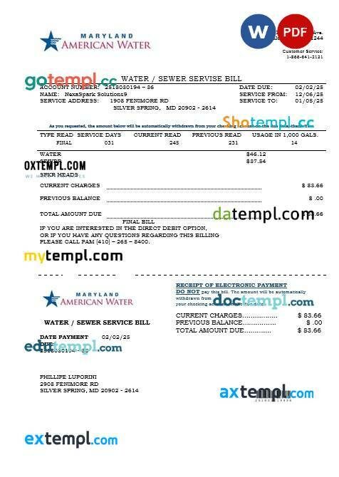 USA Maryland American water business utility bill template in Word and PDF formats