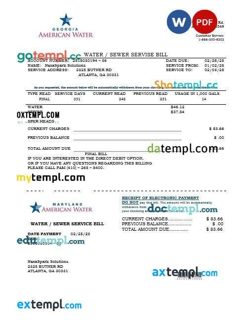 USA Maryland Georgia Water business utility bill template in Word and PDF formats