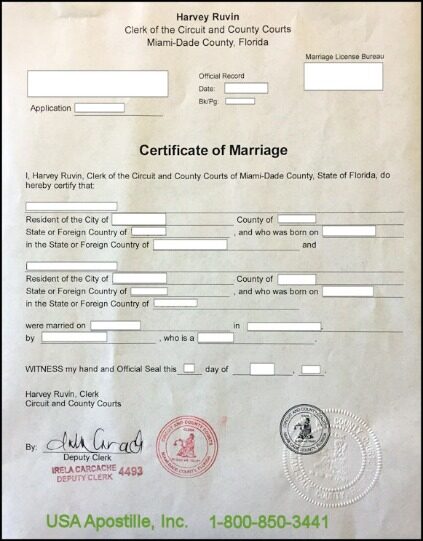 USA Miami-Dade county of Florida marriage certificate template in PSD format