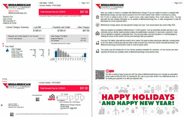 USA MidAmerican Energy Company utility bill template in Word and PDF formats, 3 pages