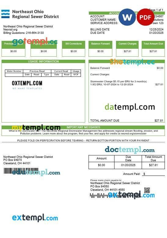 USA Northeast Ohio Regional Sewer District business utility bill Word and PDF template