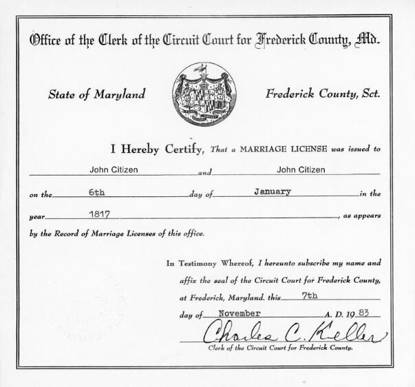 USA Office of circuit court for Frederick county marriage certificate template in PSD format