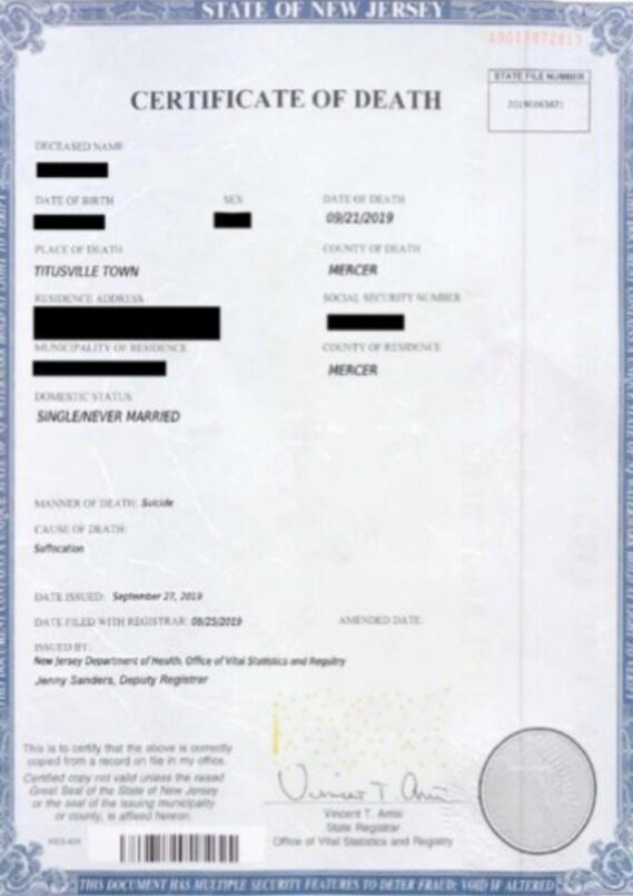 USA Office of vital statistics and registry death certificate template in PSD format