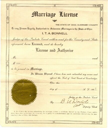 USA Ohio Guernsey county marriage certificate template in PSD format