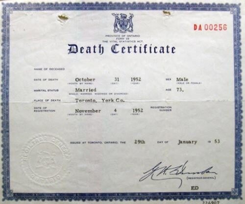 USA Ontario the vital statistics registry death certificate template in PSD format