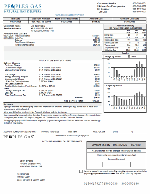 USA Peoples Gas utility bill template in Word and PDF formats, version 2