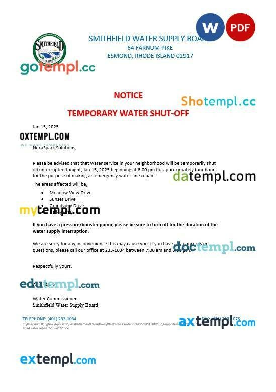USA Rhode Island Smithfield water supply board water shut off business utility bill, Word and PDF template
