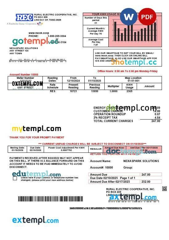 USA Rural Electric Cooperative business utility bill template in Word and PDF formats