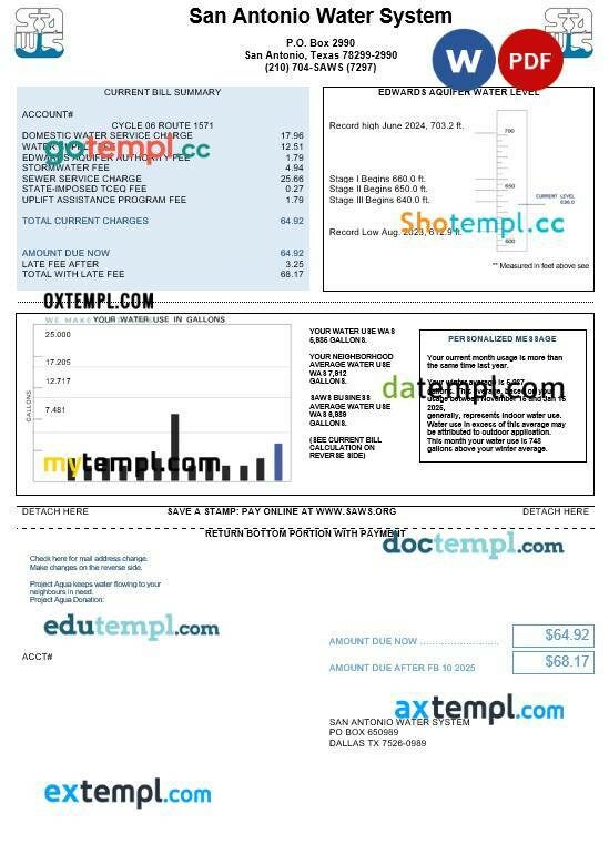 USA San Antonio water system business utility bill Word and PDF template
