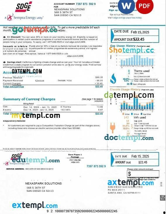 USA SDGE business utility bill Word and PDF template