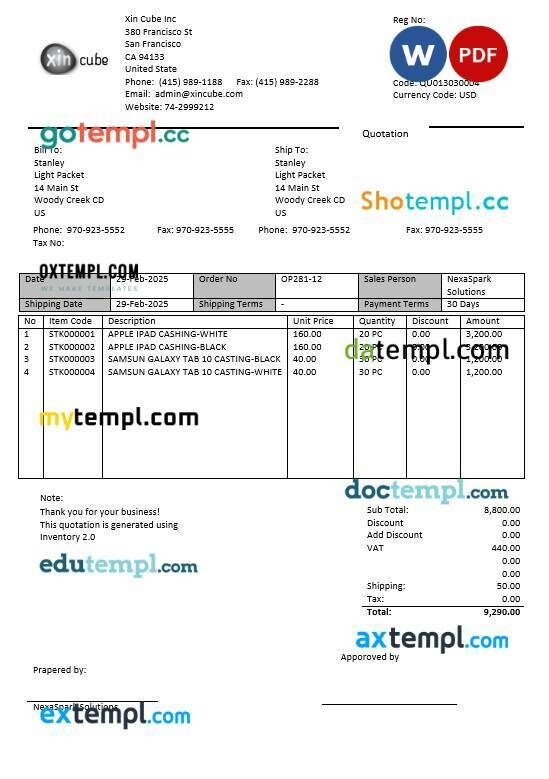 USA San Francisco Xincube business utility bill template in Word and PDF formats