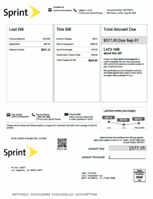 USA Sprint utility bill template in Word and PDF formats, version 3