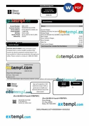 USA Texas Direct Energy business utility bill template in Word and PDF formats