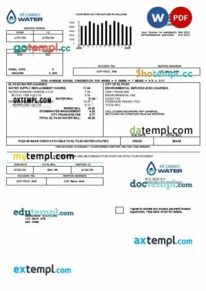 USA Texas El Paso Water business utility bill template in Word and PDF formats