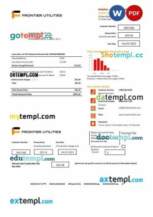 USA Texas Frontier Utilities business utility bill template in Word and PDF formats