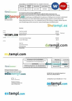 USA Texas Gexa Energy business utility bill template in Word formats