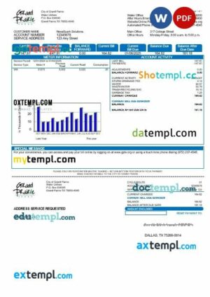 USA Texas Grand Prairie business utility bill template in Word and PDF formats