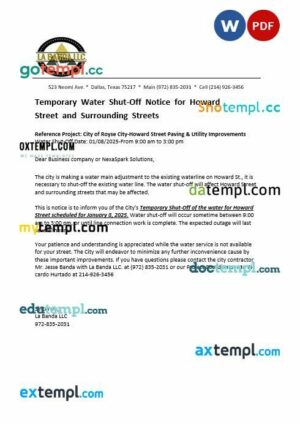 USA Texas La Banda business utility bill water shut off notice, Word and PDF template