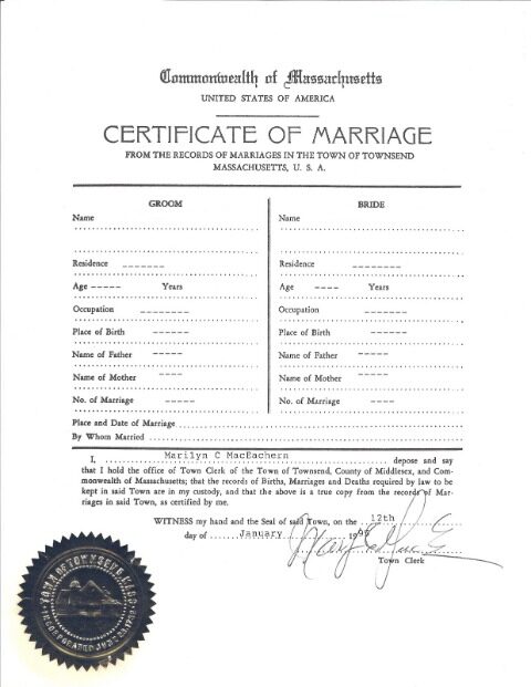 USA The records of Massachusetts in the Townsend marriage certificate template in PSD format