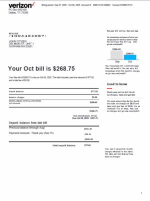 USA Verizon utility bill template in Word and PDF formats, version 3