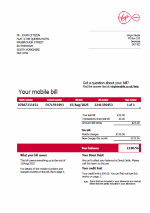 USA Virgin Media utility bill template in Word and PDF formats, version 2