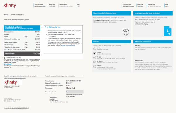 USA Xfinity utility bill template in Word and PDF formats, 4 pages, version 2