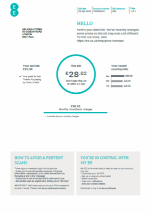 United Kingdom EE utility bill template in Word and PDF formats