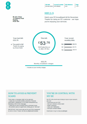 United Kingdom EE utility bill template in Word and PDF formats, version 2
