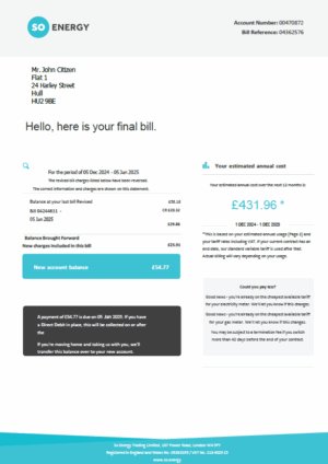 United Kingdom So Energy utility bill template in Word and PDF formats