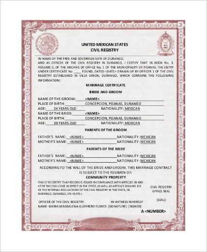 United Mexican States civil registry marriage certificate template in PSD format