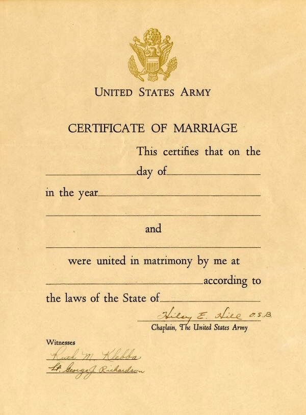 United States Army certificate of marriage template in PSD format