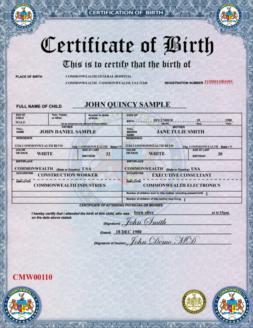 United States Commonwealth General hospital birth certificate template in PSD format