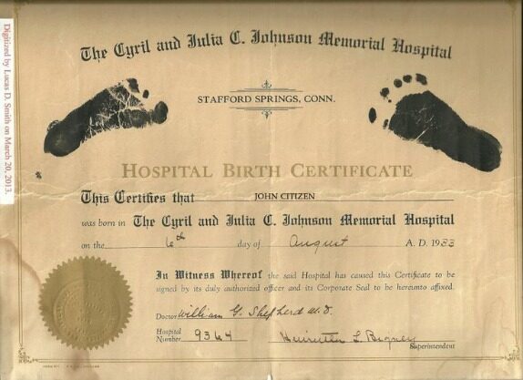 United States Cyril and Julia Johnson Memorial Hospital Birth Certificate template in PSD format