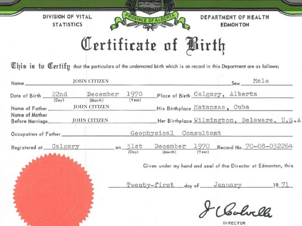 United States Department of Health Edmonton birth certificate template in PSD format