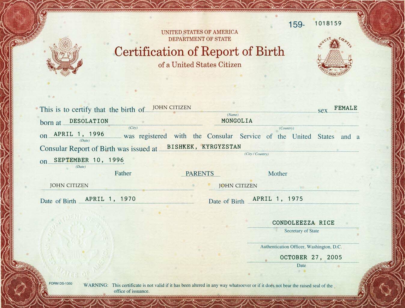 United States Department of State birth certificate template in PSD format