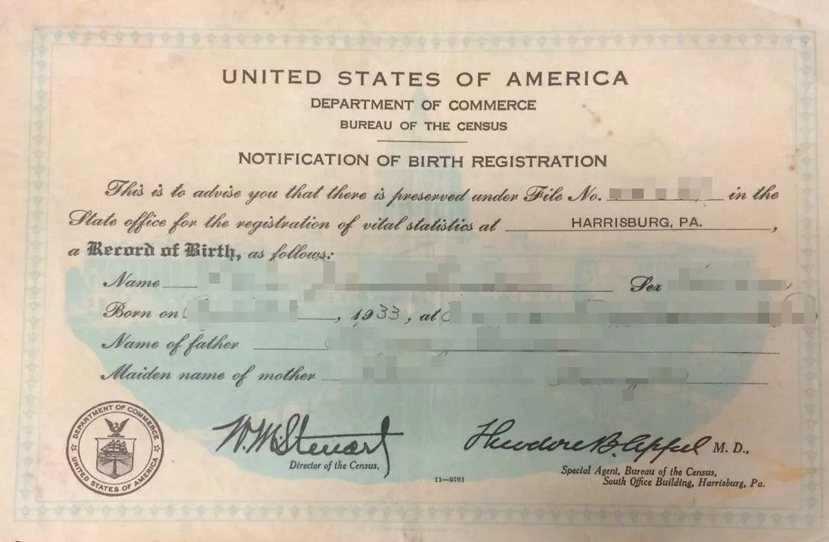 United States Department of commerce birth certificate template in PSD format