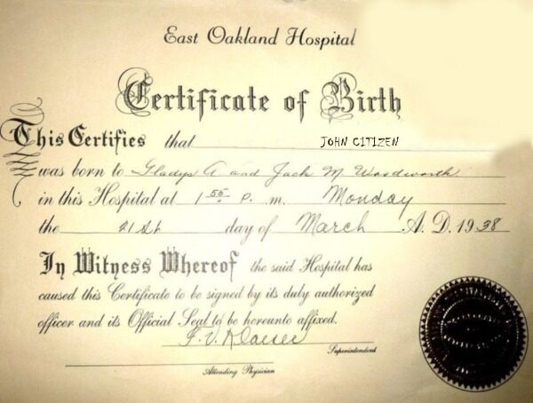 United States East Oakland Hospital Birth Certificate template in PSD format