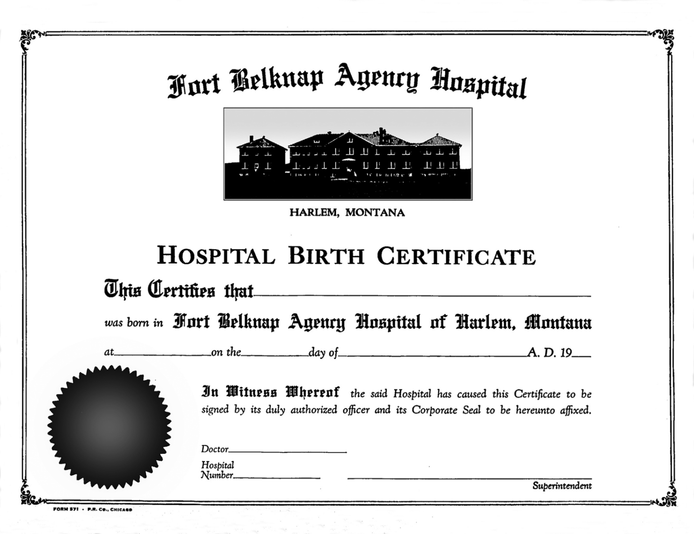 United States Fort Belknap Agency hospital birth certificate template in PSD format