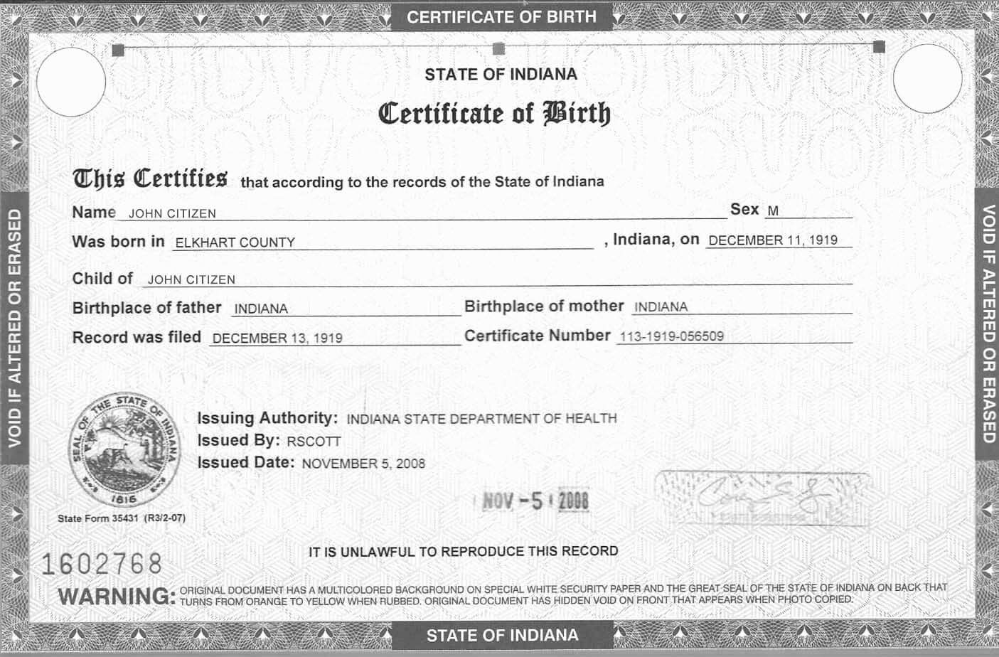 United States Indiana State Department of Health birth certificate template in PSD format