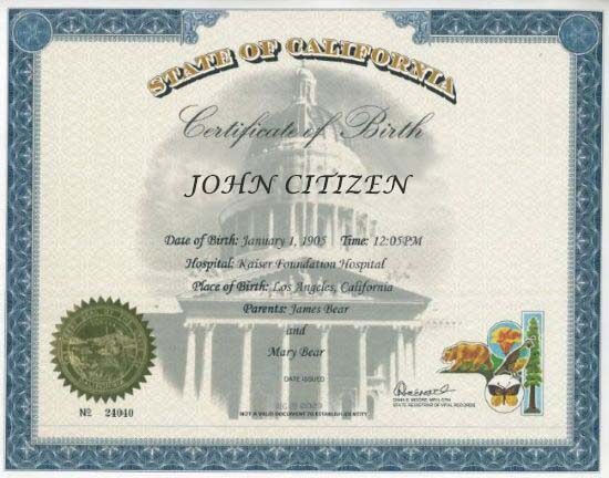 United States State of California birth certificate template in PSD format