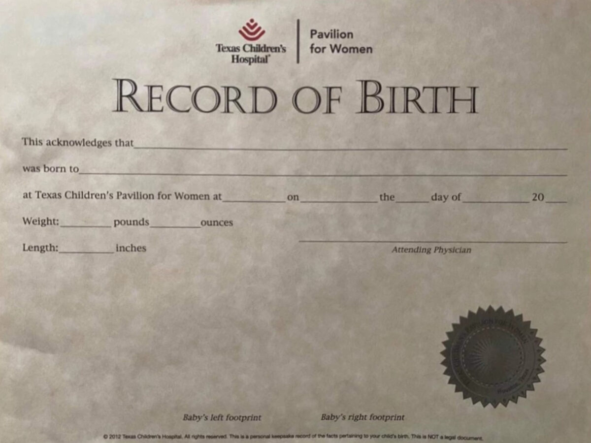 United States Texas Children's hospital birth certificate template in PSD format