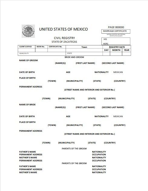 United States of Mexico Civil registry of Zacatecas marriage certificate template in PSD format