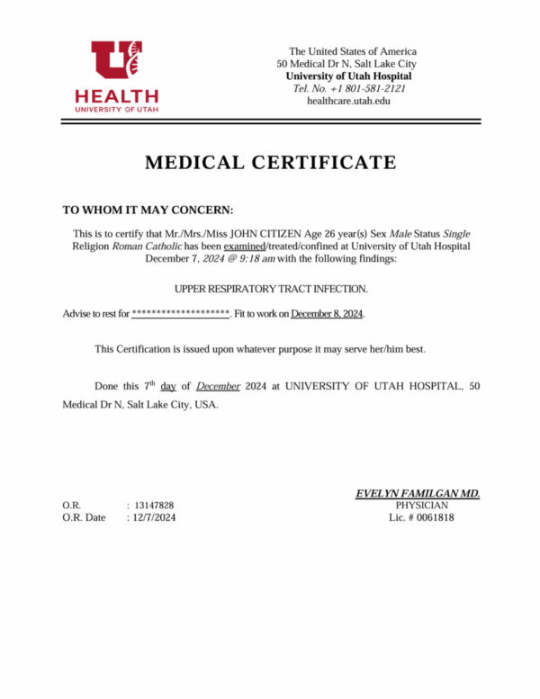 University of Utah Hospital medical certificate template in Word and PDF formats