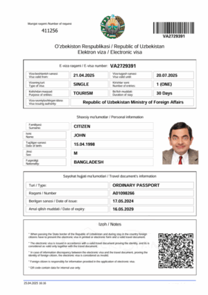 Uzbekistan electronic visa template in Word and PDF formats, version 2